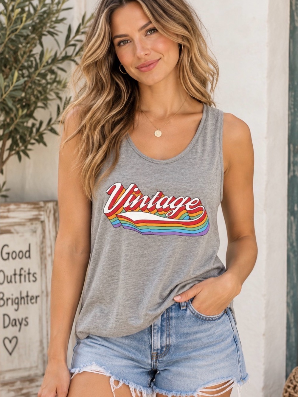 Misslook Grey Vintage Rainbow Graphic Tank Top Retro Y2K Size L